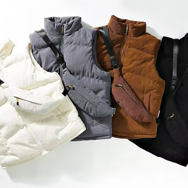 Corduroy Vest and Backpack Set for Men and Women, Stand Collar, Pure Color, Autumn Winter Couple Outfit