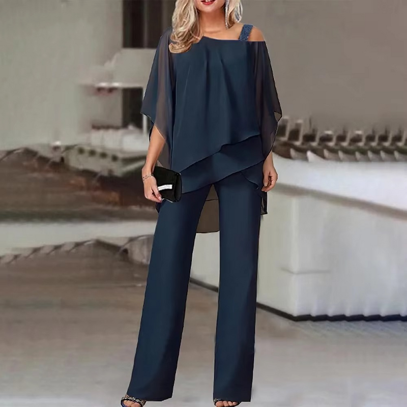 Women's Summer Two-Piece Set, Bat Sleeve Camisole Top with Sloping Shoulder and Loose Casual Irregular Pants