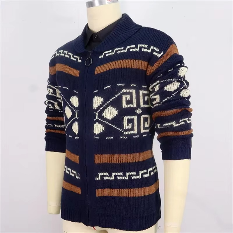 Men’s Vintage Jacquard Knit Shawl Collar Zipper Cardigan