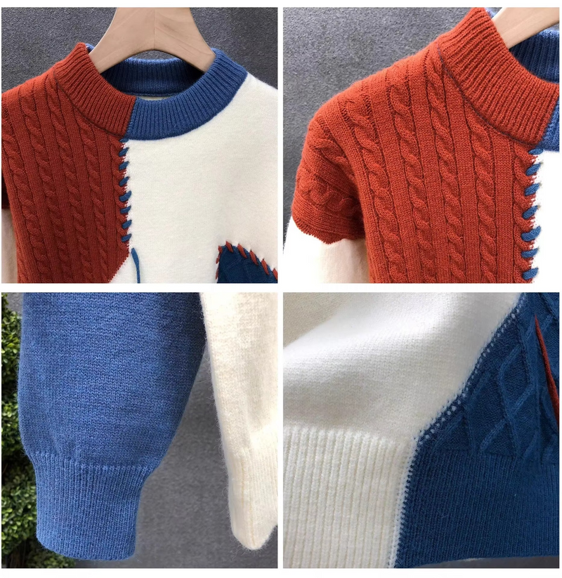 Men's Patchwork Knit Sweater Streetwear Pullover for Fall and Winter