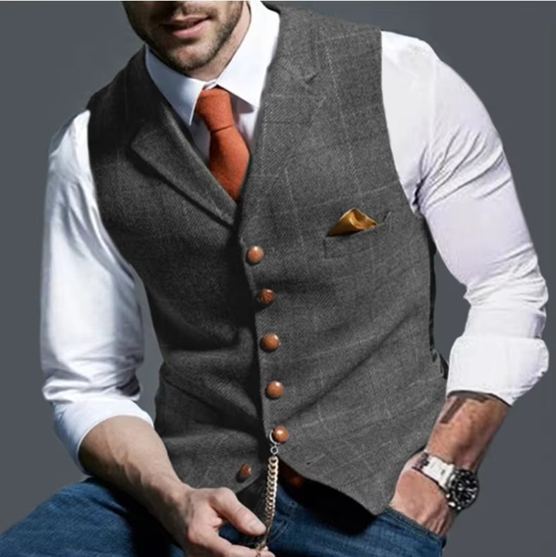Men's Tweed Striped Waistcoat – Classic Vest for Business, Weddings, and Formal Events