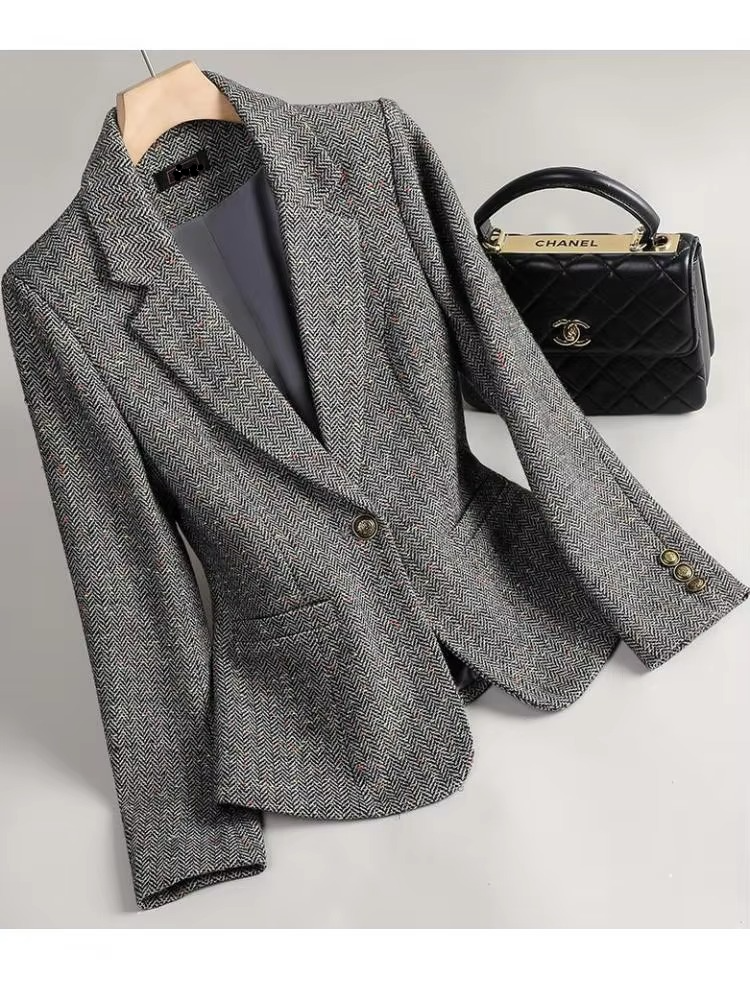 Women's Retro Wool Blazer Coat for Autumn and Winter