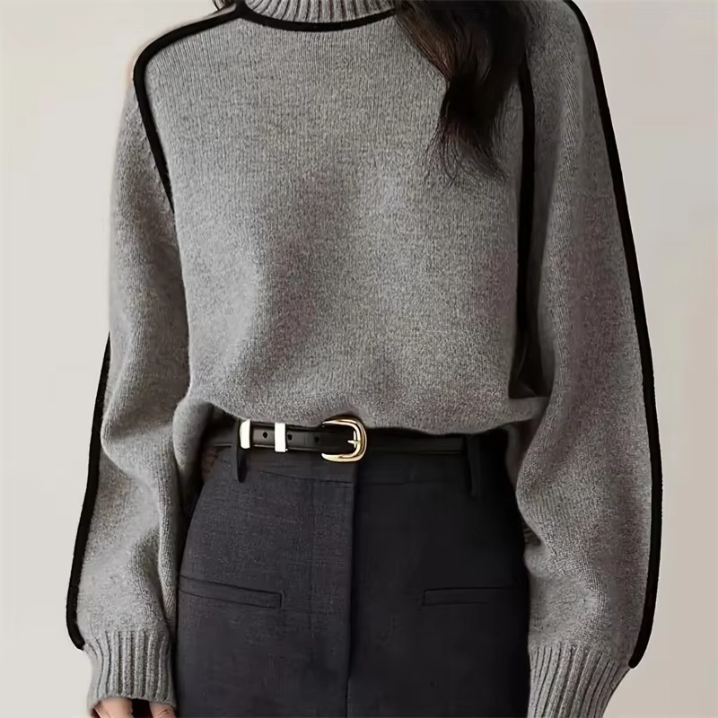 Women’s Striped Turtleneck Knit Sweater – Loose Fit Long Sleeve Pullover