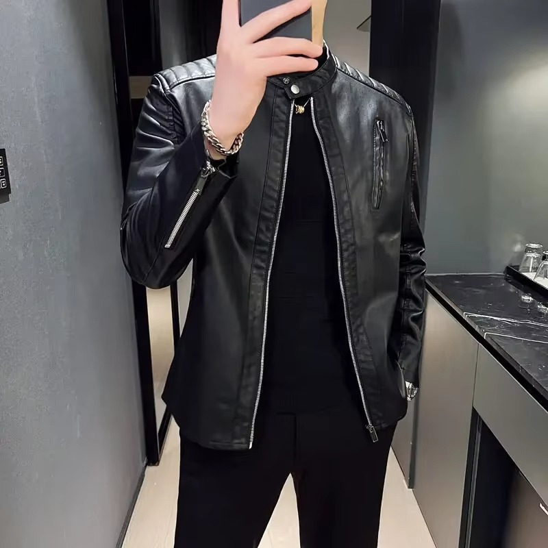 Men's PU Motorcycle Leather Jacket, Zip Up Stand Collar Coat for Spring and Fall