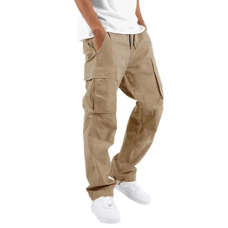 2025 Men's Solid Cargo Pants with Multi Pocket Design and Adjustable Drawstring