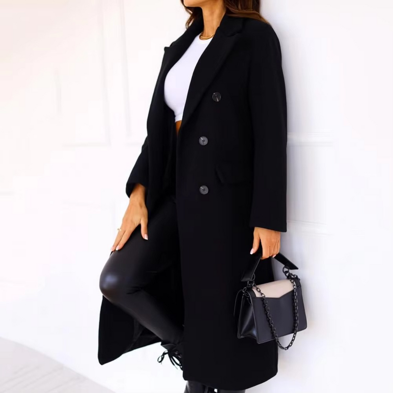 Women's Double Breasted Mid Length Winter Coat with Lapel and Long Sleeves