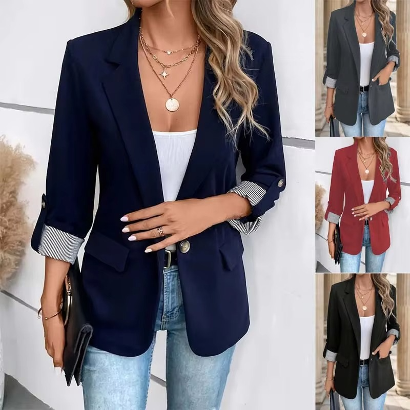 Women's Slim Fit Casual Blazer with Rolled Sleeves and Button Front