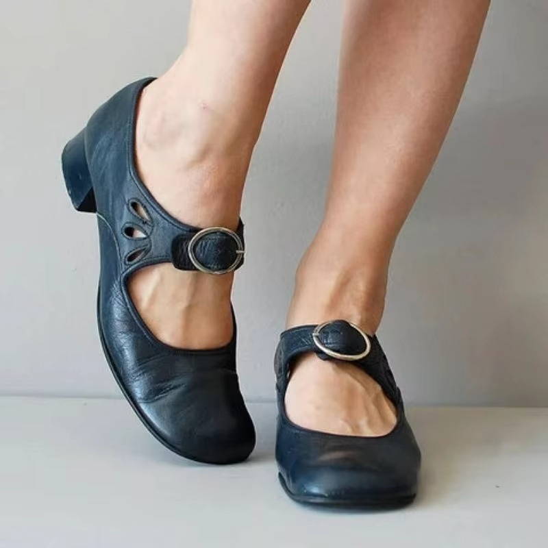 Retro Low Heel Women’s Dress Shoes with Soft Sole and Buckle Strap