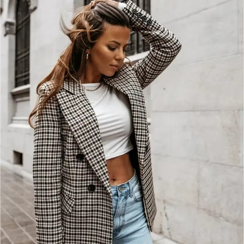 Women's Plaid Long Sleeve Casual Blazer Jacket for Everyday and Vacation Style