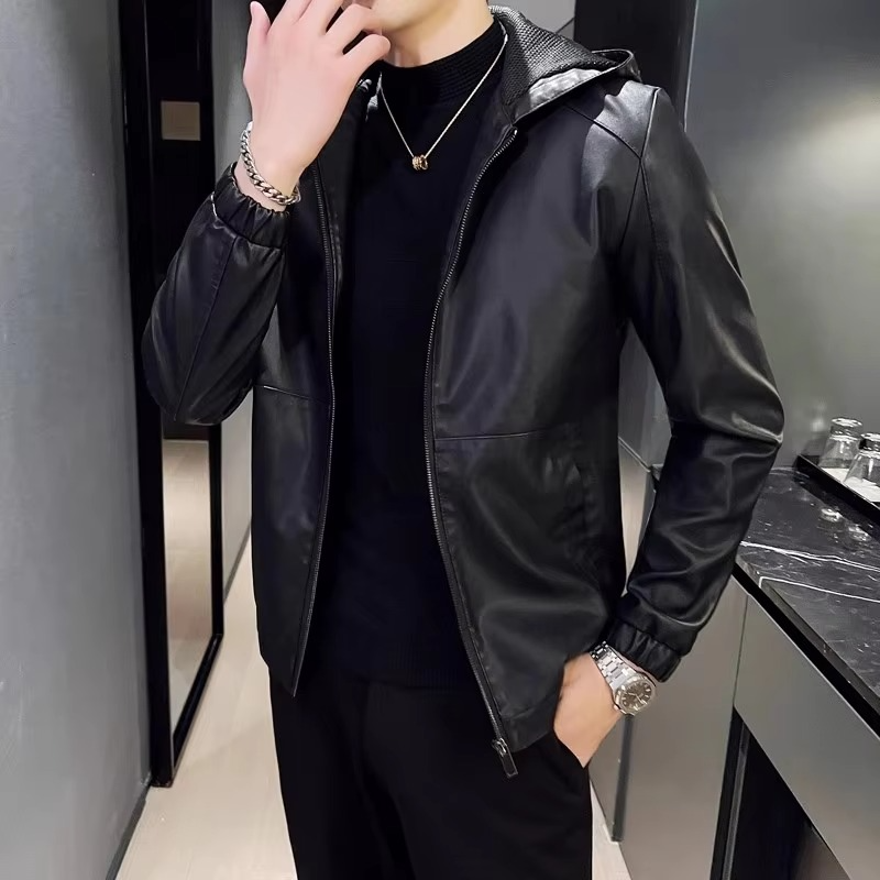 Men's Hooded PU Leather Jacket Black Motorcycle Style Casual Streetwear Outerwear