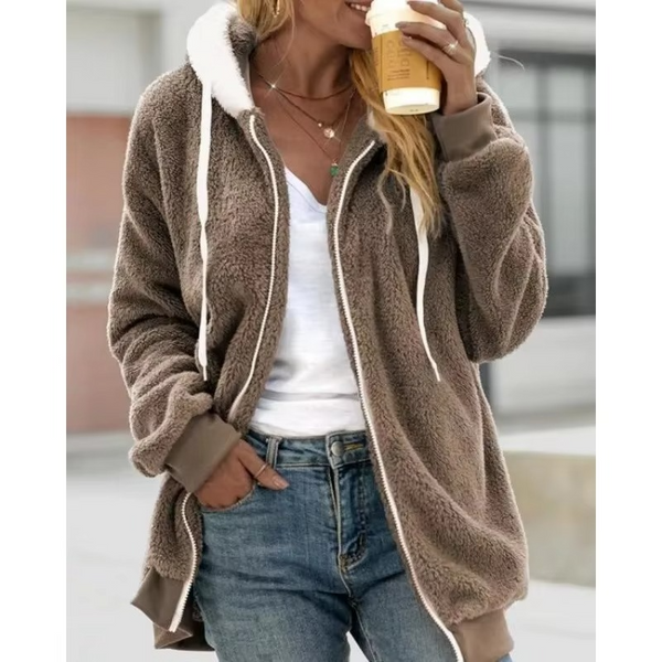 Cozy Autumn Women’s Fleece Zip-Up Hooded Sweatshirt with Tie Collar