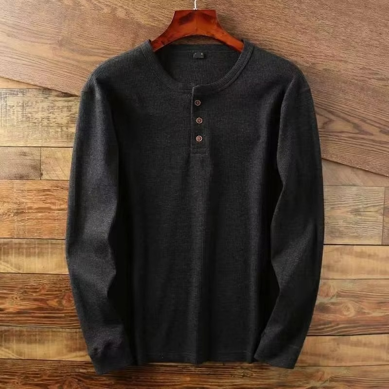 Slim Fit Men’s Henley Waffle Long Sleeve Cotton Tee