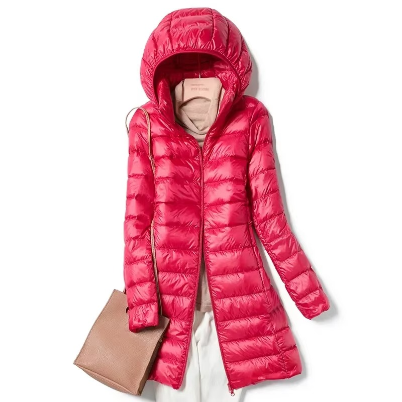 Women’s Lightweight Long Hooded Down Parka – Slim Fit, Warm, and Stylish