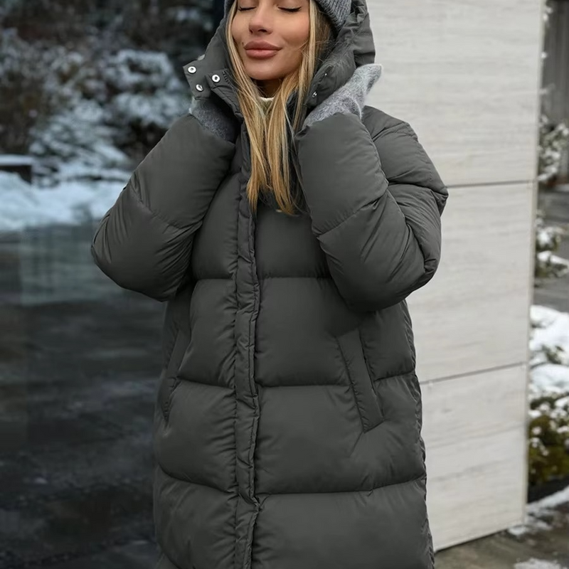 Women's Long Hooded Puffer Jacket, Thick Cotton Padded Winter Overcoat