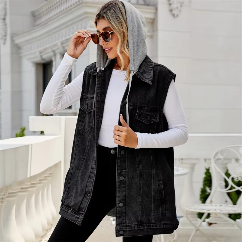 Women’s Denim Vest with Detachable Hood, Single-Breasted Sleeveless Cardigan Jacket
