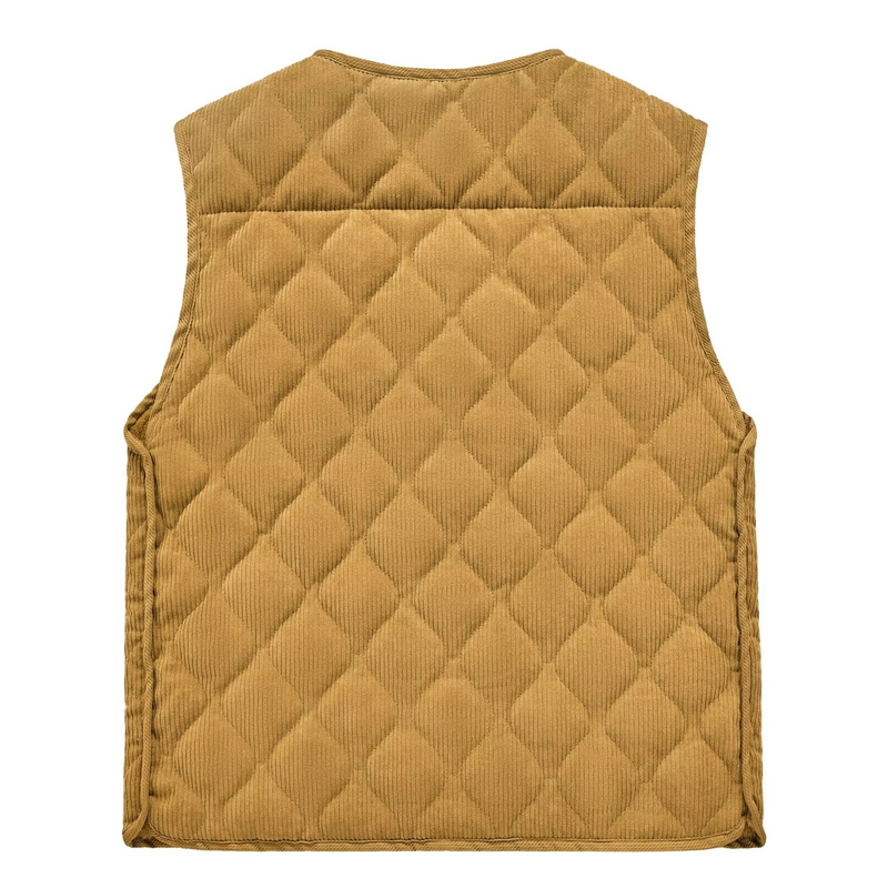 Men's Corduroy Padded Vest with Diamond Stitch, Warm V-Neck Workwear Jacket
