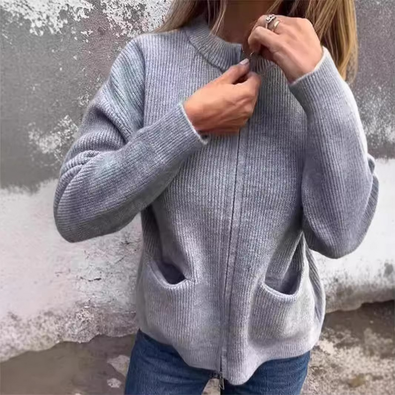 Cozy Stand Collar Zipper Knit Jacket for Women