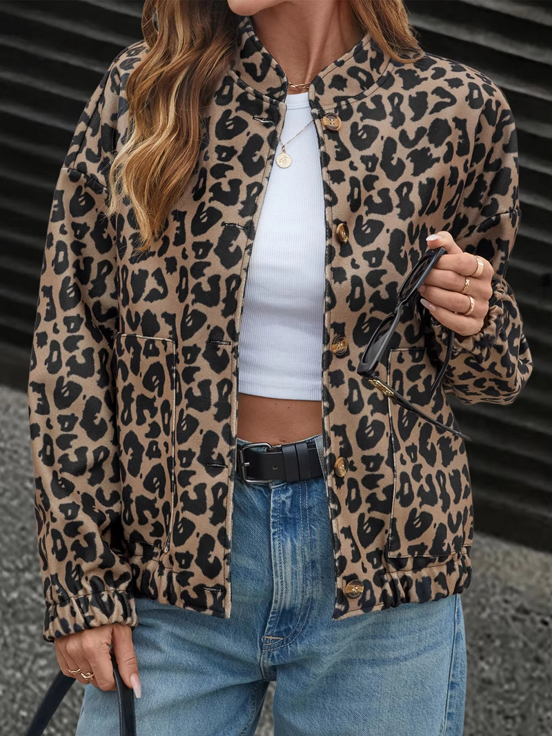 Women’s Leopard Print Stand Collar Jacket for Work and Streetwear