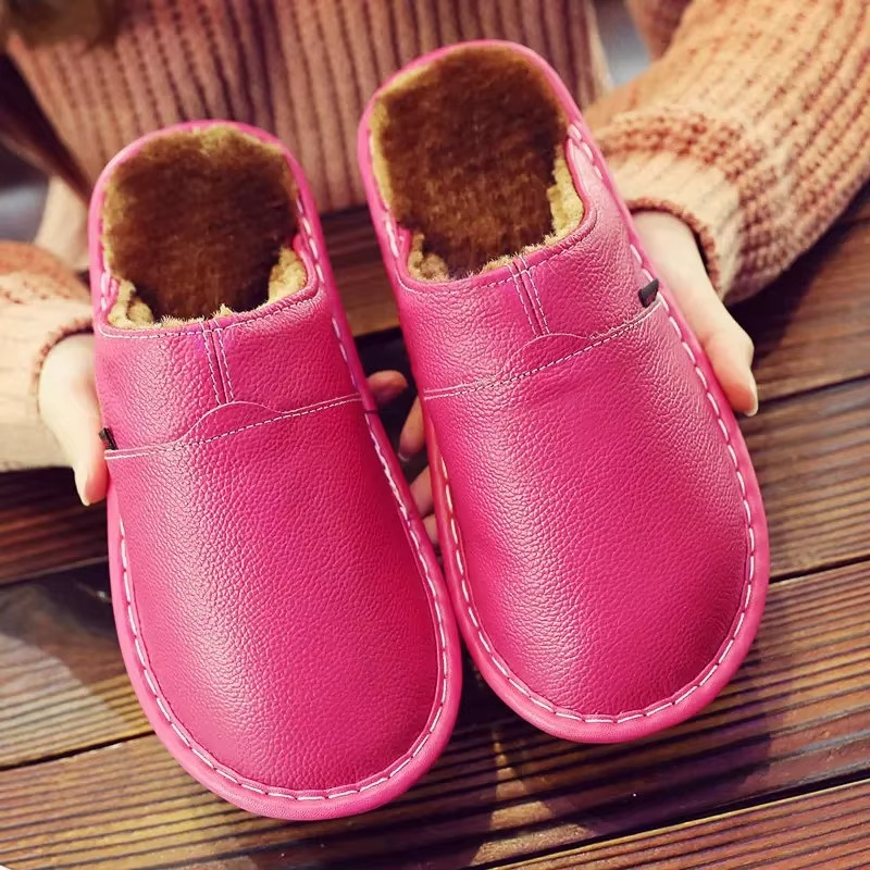 Cozy Leather Plush Waterproof Winter Slippers for Men and Women
