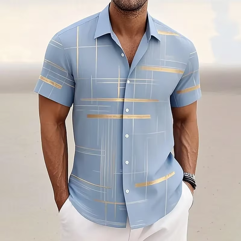 Men's 3D Geometric Plaid Short Sleeve Button Shirt