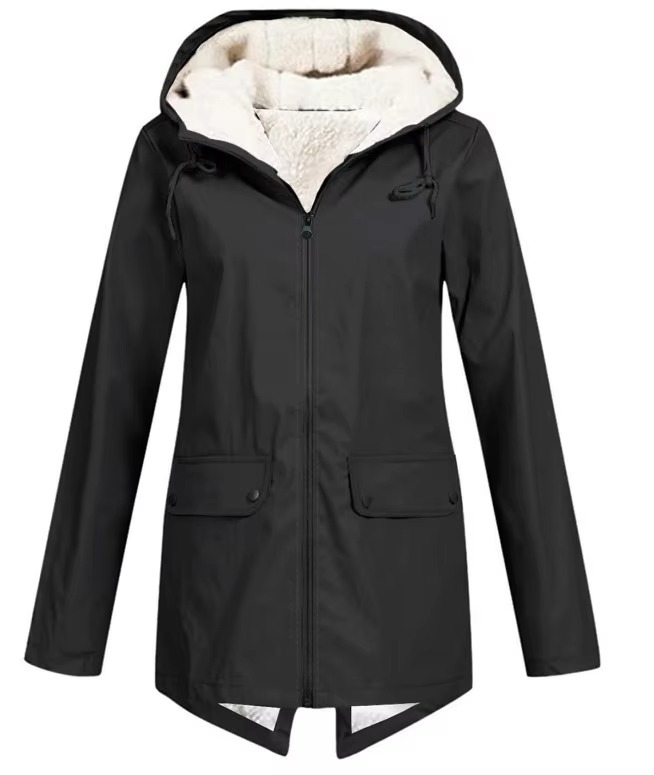 Women's Waterproof Hooded Velvet-Lined Windbreaker Trench Coat for Autumn and Winter