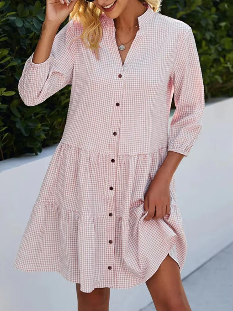 Women's Plaid V-Neck Long Sleeve Shirt Dress – Lightweight Mini Dress for Spring and Fall