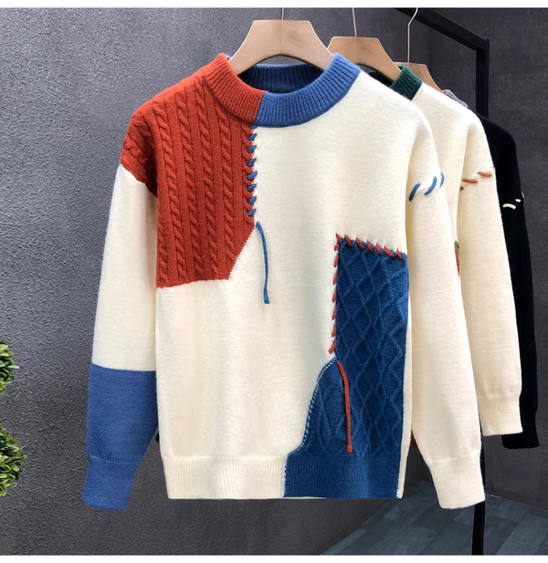 Men's Patchwork Knit Sweater Streetwear Pullover for Fall and Winter