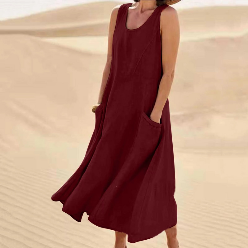 Women’s Cotton Linen Sleeveless Maxi Sundress with Pockets, Loose Fit Beachwear S-5XL