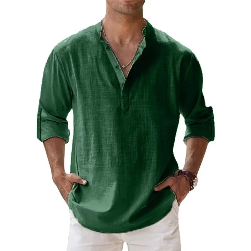 Lightweight Men’s Long Sleeve Cotton Linen Henley Shirt for Casual Beachwear