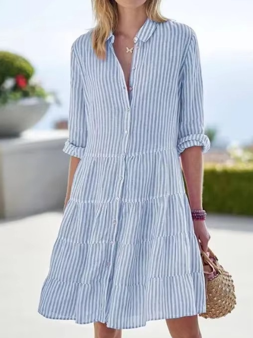 2025 Spring Oversized Striped Shirt Dress for Women with Turn-Down Collar and Long Sleeves