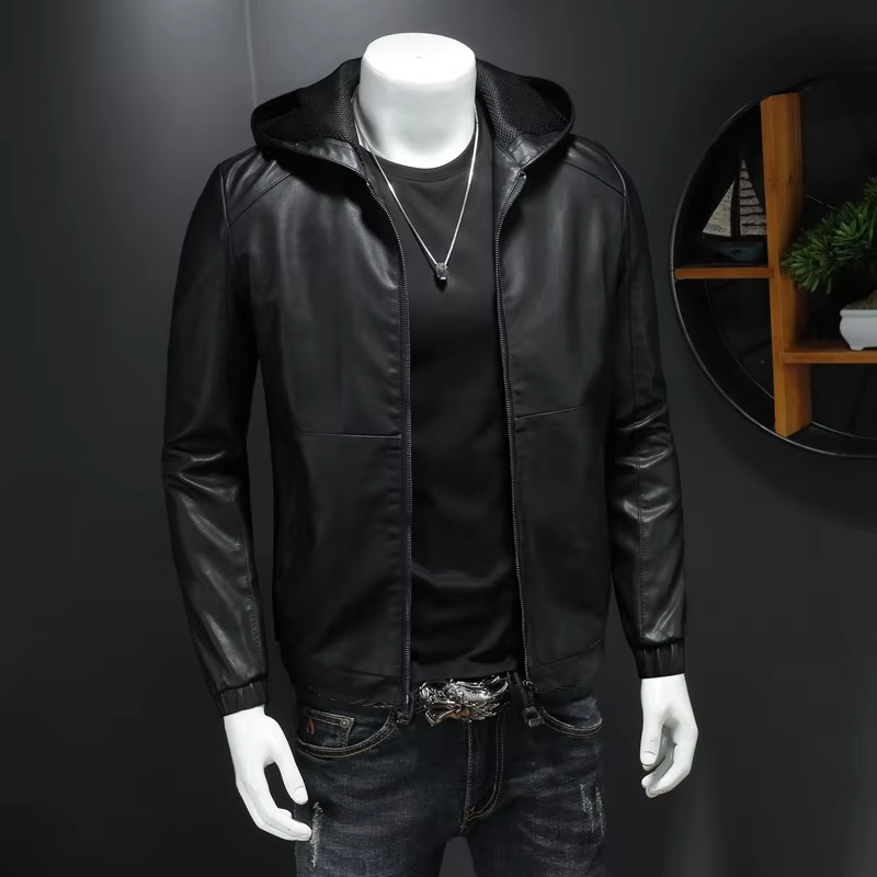 Men's Hooded PU Leather Jacket Black Motorcycle Style Casual Streetwear Outerwear