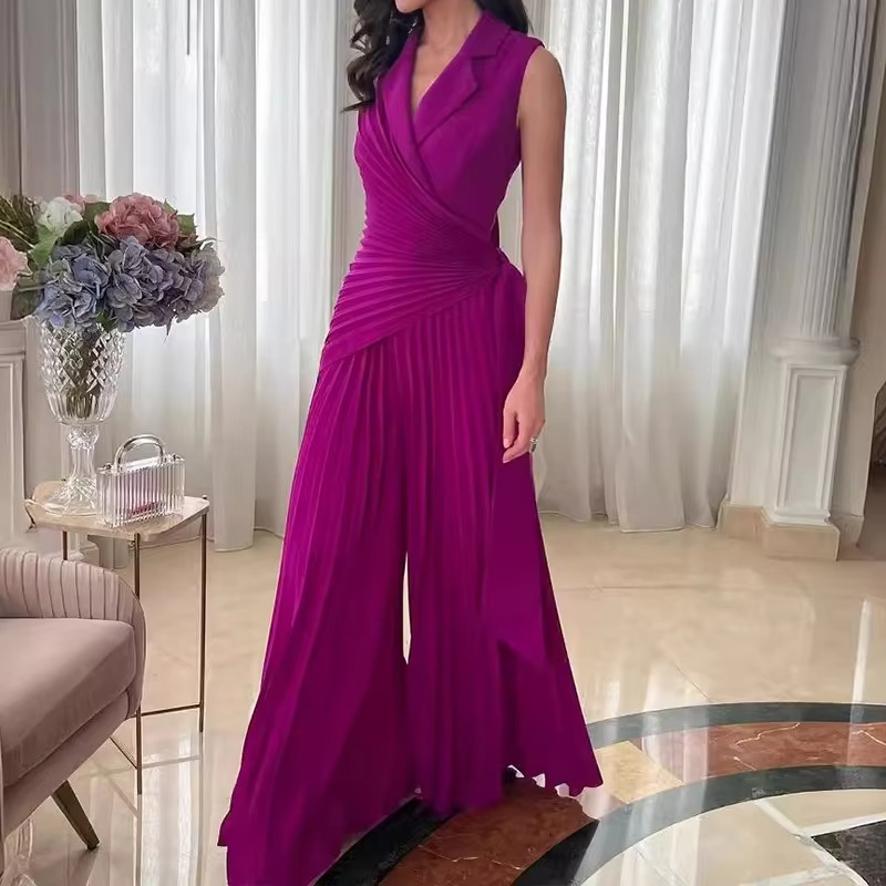 Elegant Lapel High Waist Sleeveless Romper with Pleated Wide Leg Design