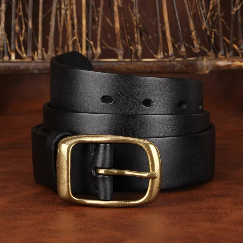 Men's Genuine Leather Belt with Solid Brass Pin Buckle, Vintage Casual Dress Belt