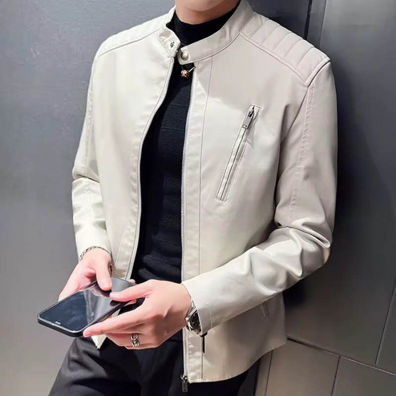 Men's PU Motorcycle Leather Jacket, Zip Up Stand Collar Coat for Spring and Fall