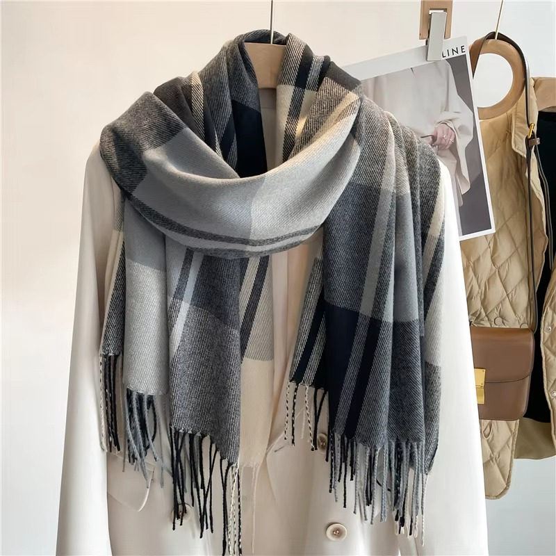 Cozy Cashmere Plaid Winter Scarf for Women, Thick Pashmina Shawl with Tassels