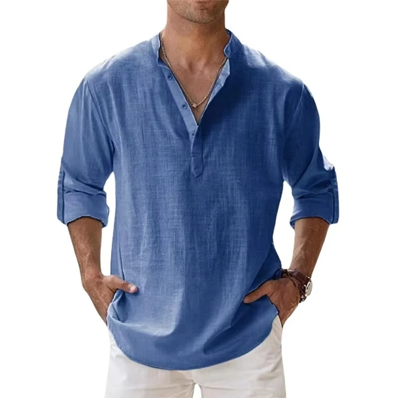 Lightweight Men’s Long Sleeve Cotton Linen Henley Shirt for Casual Beachwear