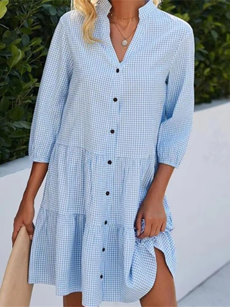 Women's Plaid V-Neck Long Sleeve Shirt Dress – Lightweight Mini Dress for Spring and Fall