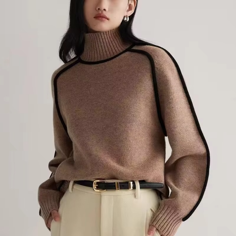 Women’s Striped Turtleneck Knit Sweater – Loose Fit Long Sleeve Pullover