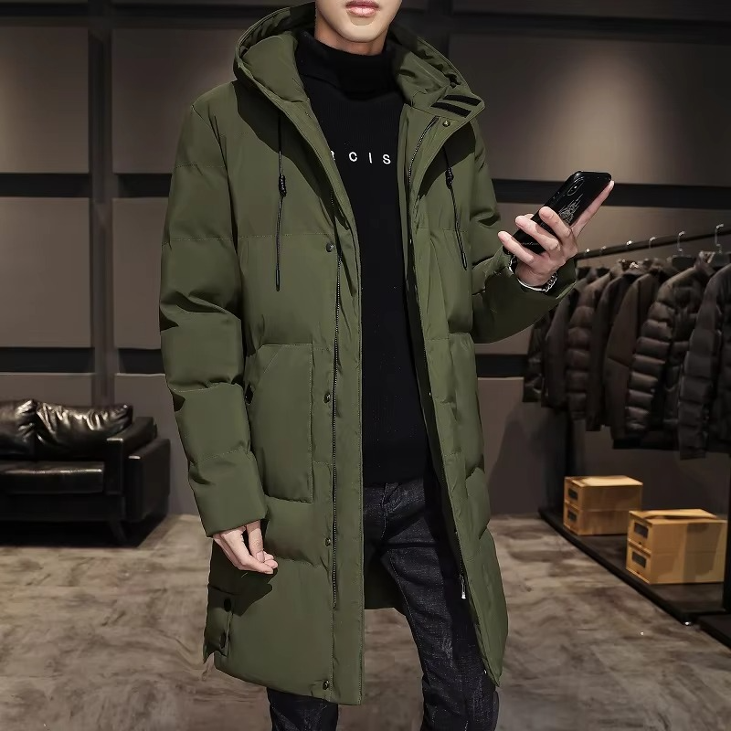 Men's Long Cotton Padded Parka Coat, Warm Lightweight Solid Color Winter Jacket