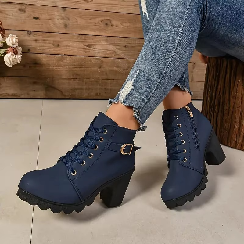 Women’s Autumn Winter Lace-Up High Heel Boots with Anti-Slip Soles