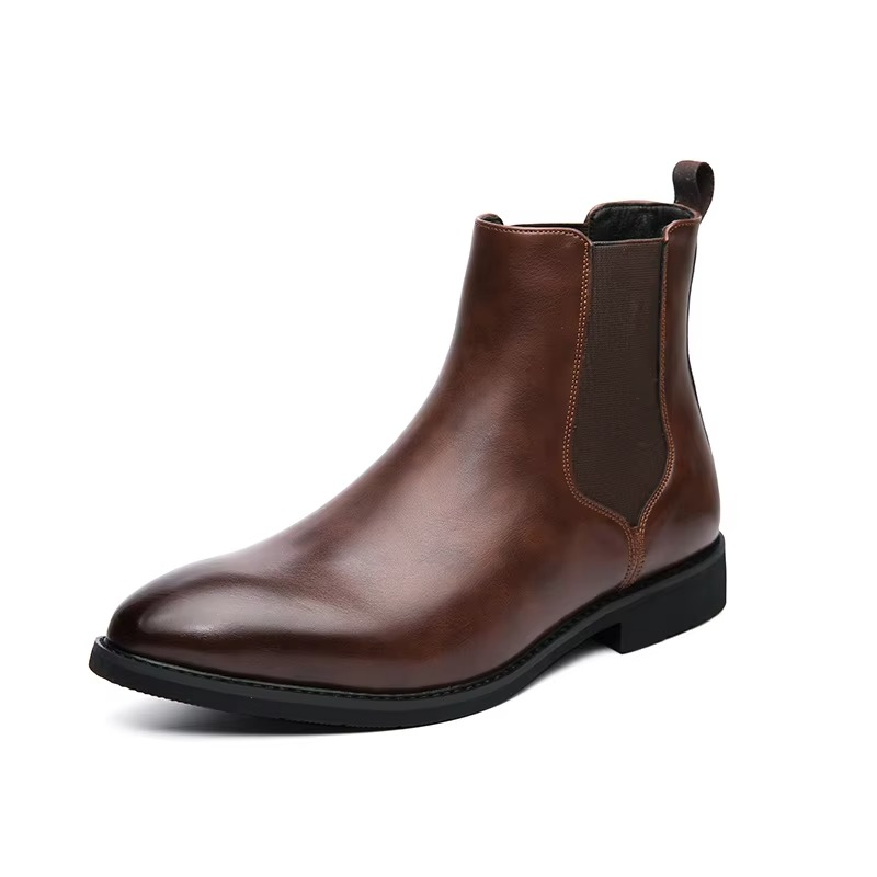 Men’s PU Brown Chelsea Boots, Classic British Ankle Boot for Business and Casual Wear