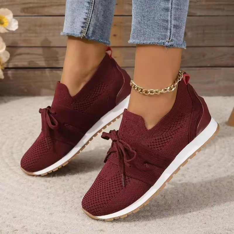 Womens Brown Knit Breathable Platform Sneakers Casual Non Slip Flats Plus Size