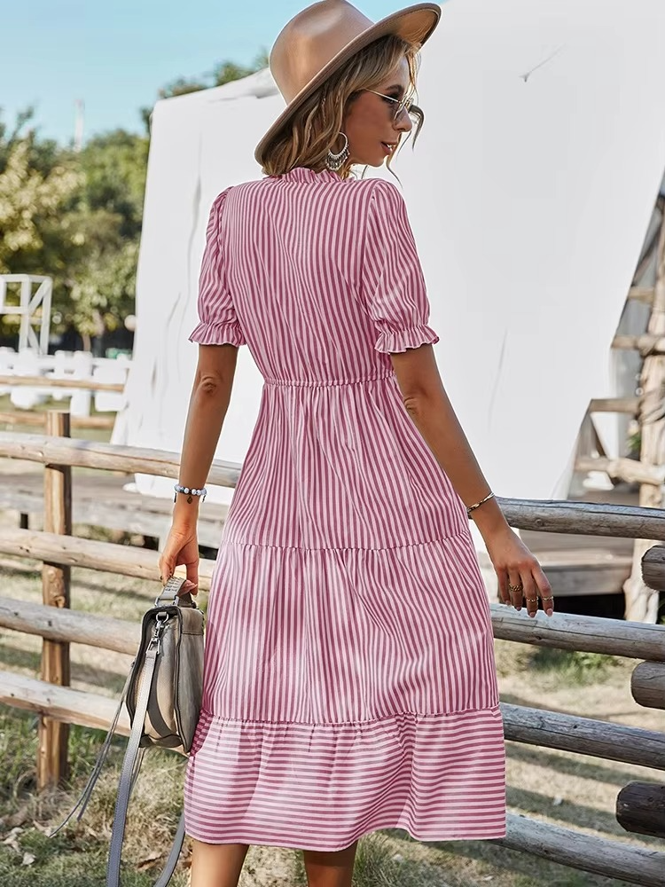 Striped V-Neck Short Sleeve Midi Dress with Tassel Details