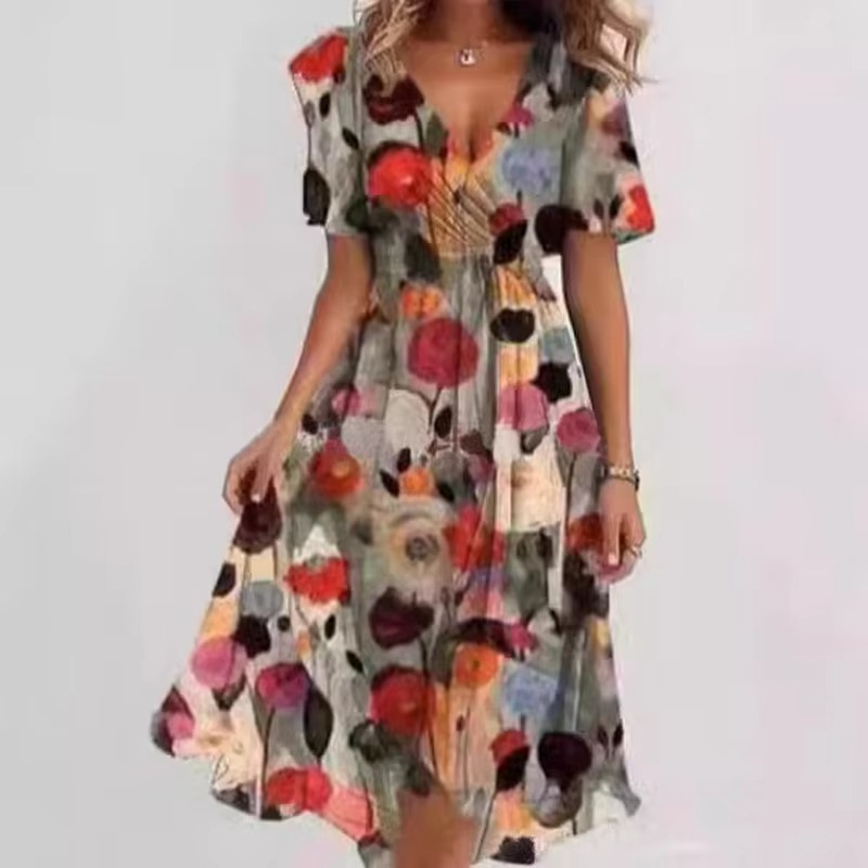 Summer V-Neck Floral Print Loose Casual Short Sleeve Dress for Women