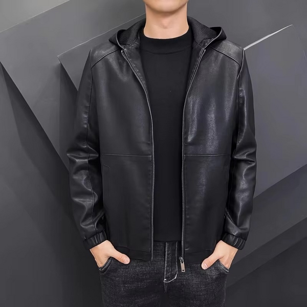 Men's Hooded PU Leather Jacket Black Motorcycle Style Casual Streetwear Outerwear