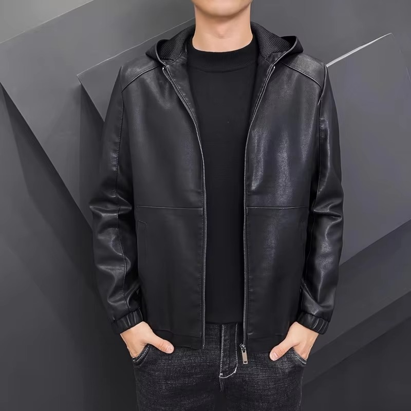 Men's Hooded PU Leather Jacket Black Motorcycle Style Casual Streetwear Outerwear