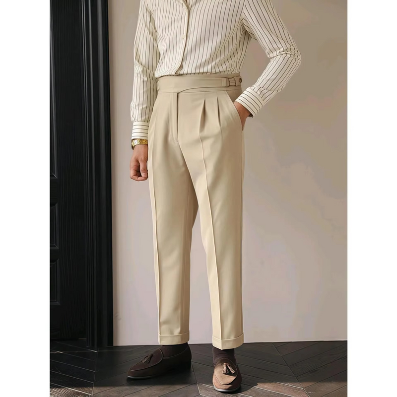 Paris Buckle Men's High Waist Slim Fit Trousers Vintage British Business Casual Pants