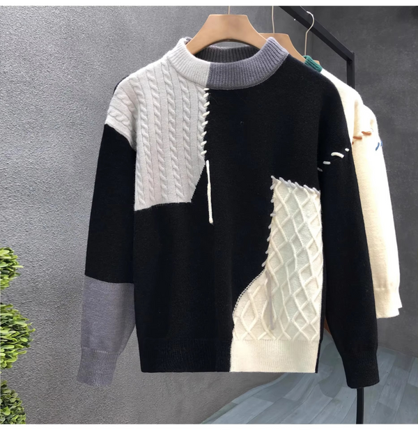 Men's Patchwork Knit Sweater Streetwear Pullover for Fall and Winter