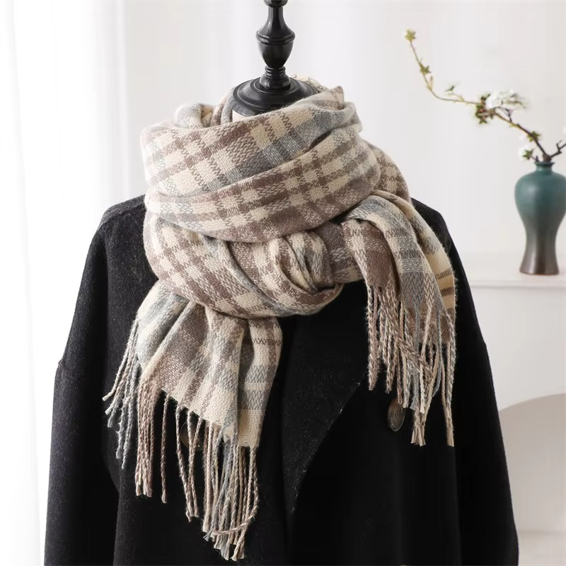 Cozy Cashmere Plaid Winter Scarf for Women, Thick Pashmina Shawl with Tassels