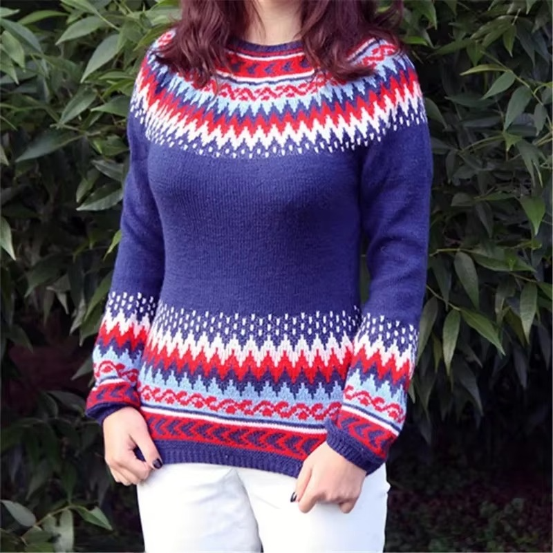 Color Block Loose Fit Women’s Knitwear Top with Round Neck and Full Sleeves